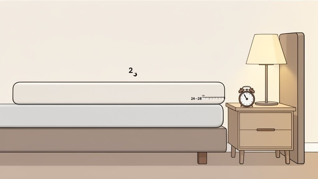 A bed with two mattresses next to a nightstand with a lamp and alarm clock.