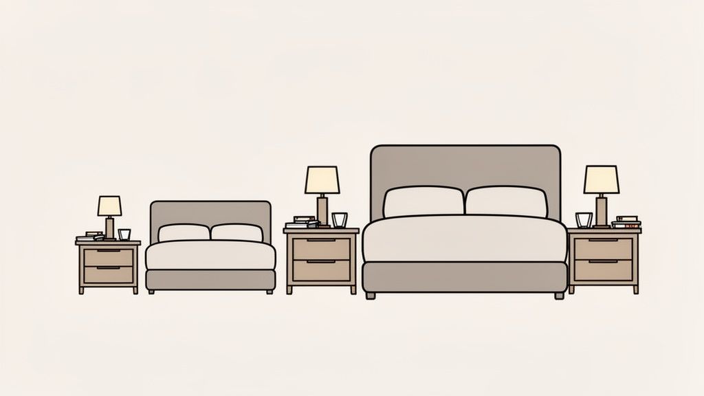 A minimalist illustration showcasing three beds of different sizes, each paired with a nightstand, lamp, and books.