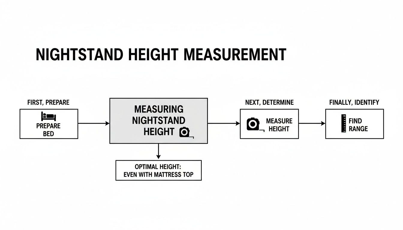 A flowchart detailing steps for nightstand height measurement, aiming for optimal height even with the mattress top.