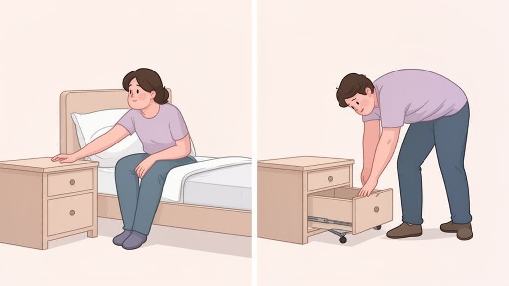 A woman sits on a bed reaching for a nightstand, while a man opens a drawer of another nightstand.