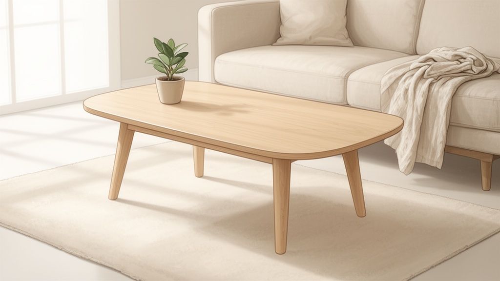 A minimalist living room scene featuring a light wood coffee table with a small potted plant.