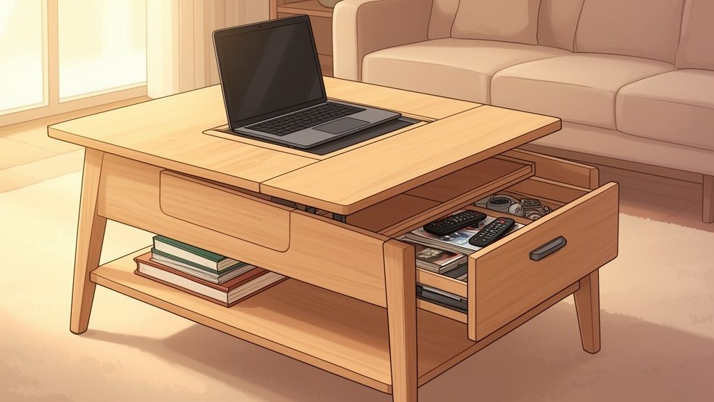 A wooden lift-top coffee table with a laptop, open drawer, and books on a lower shelf.
