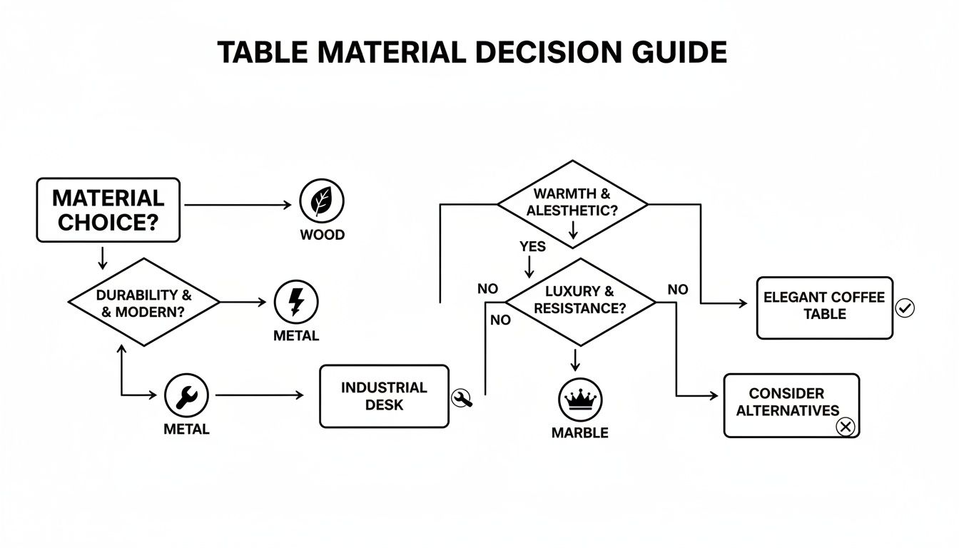 A flowchart decision guide for choosing table materials like wood, metal, or marble based on design and durability.
