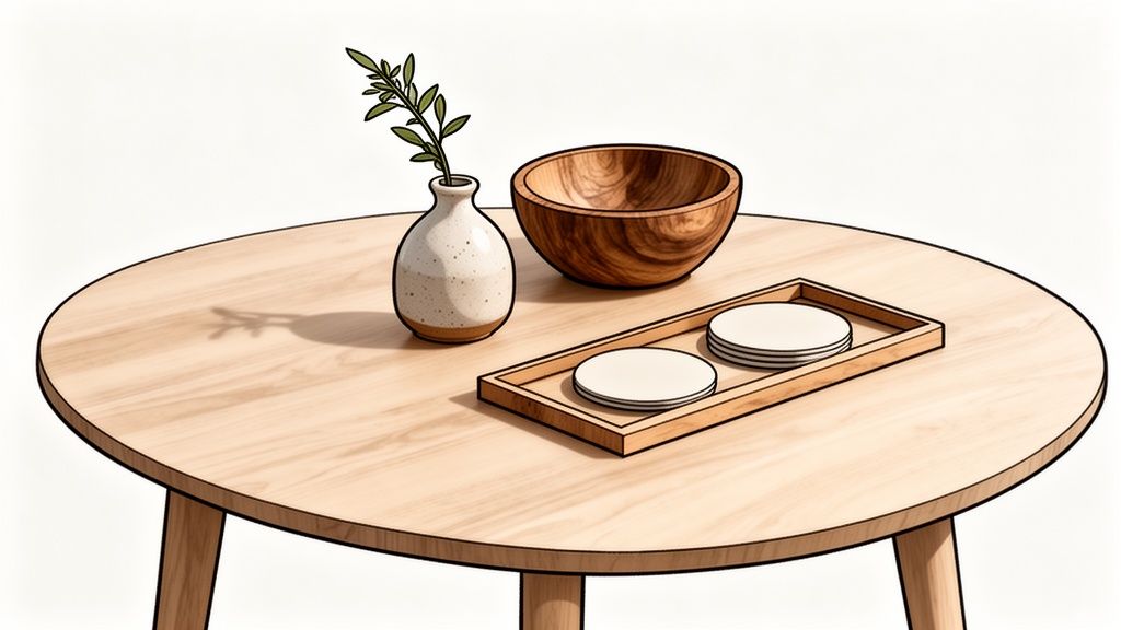 A minimalist wooden coffee table featuring a small vase with greenery, a bowl, and coasters.