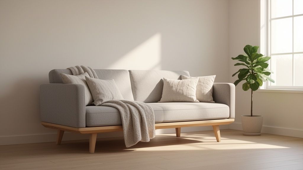A bright Scandinavian living room with a light grey sofa, wooden legs, throw blanket, and a plant by a window.