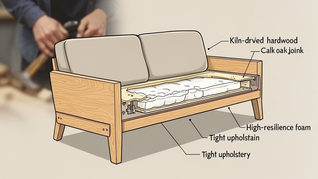 A cutaway view of a Scandinavian-style sofa showing its internal construction, hardwood frame, and high-resilience foam.