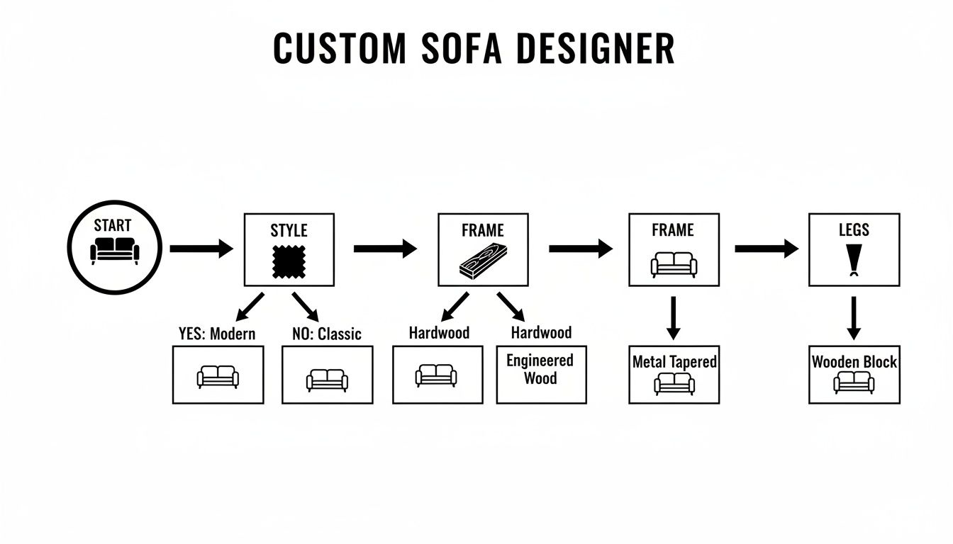 Flowchart outlining steps to design a custom sofa, covering style, frame material, and leg options.