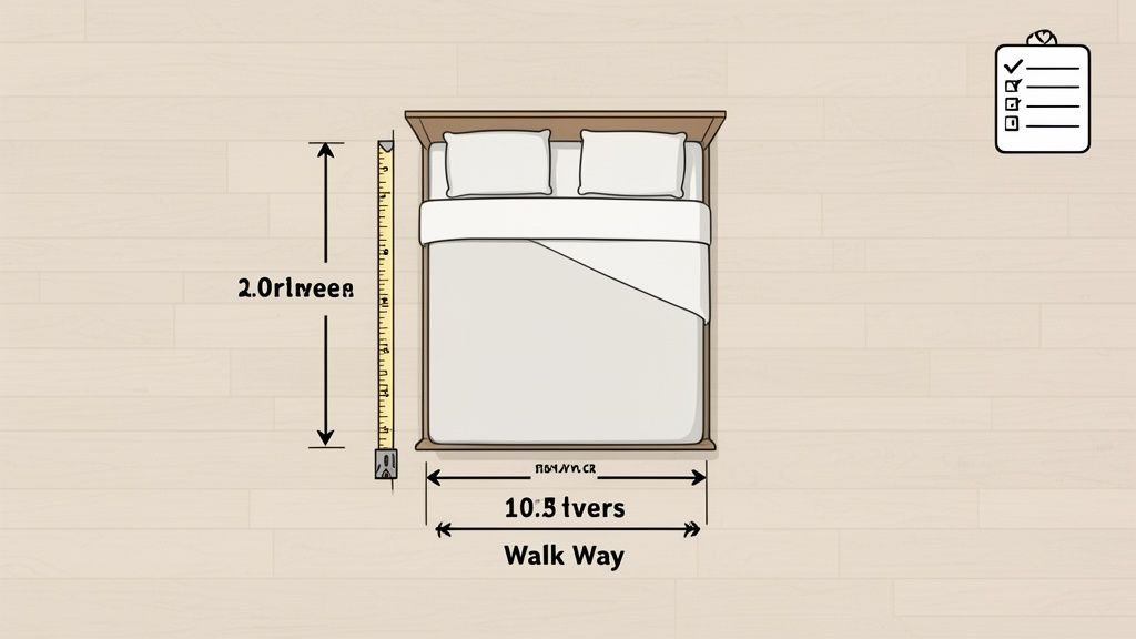 Overhead view of a bed with measurements indicating length and adjacent walkway dimensions.