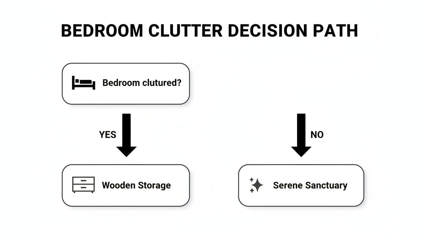 Flowchart showing a bedroom clutter decision path: if cluttered, use wooden storage; if not, enjoy a serene sanctuary.