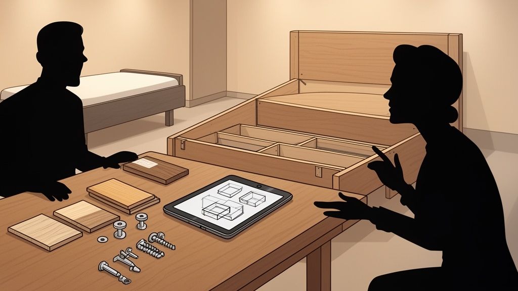 Two silhouetted people discuss assembling a wooden under-bed storage unit with parts and a tablet.