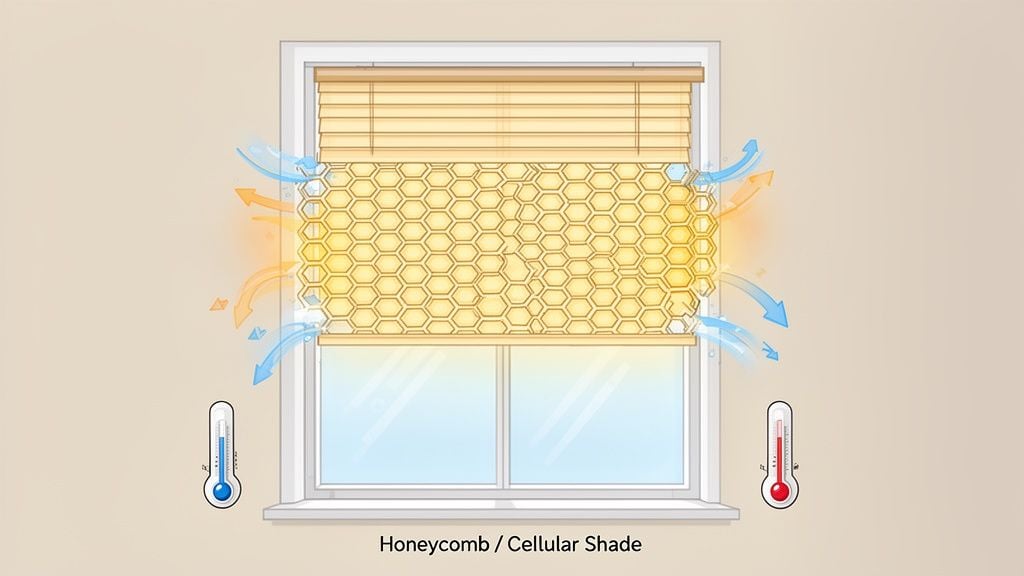 Window with a honeycomb cellular shade demonstrating thermal insulation against heat and cold.