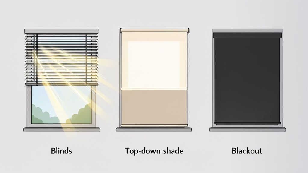 Illustration comparing three window treatments: blinds, top-down shade, and blackout, showing light blockage.