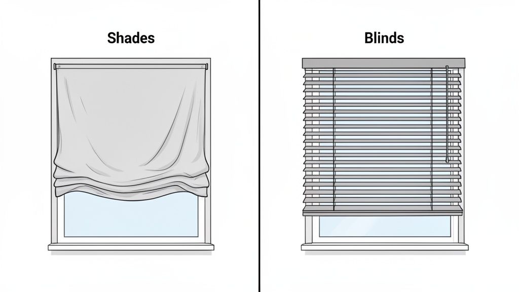 Side-by-side illustration comparing window shades with soft fabric folds and blinds with horizontal slats.