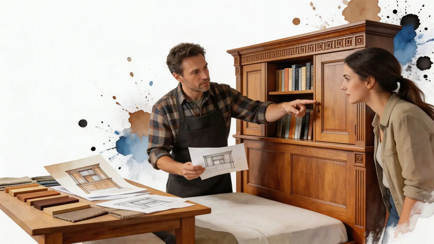 A carpenter in a workshop shows a custom furniture design to a client standing by a wooden bookcase.