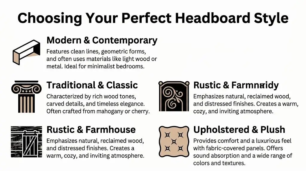 A helpful infographic guide detailing different headboard styles like modern, traditional, rustic, and upholstered options.