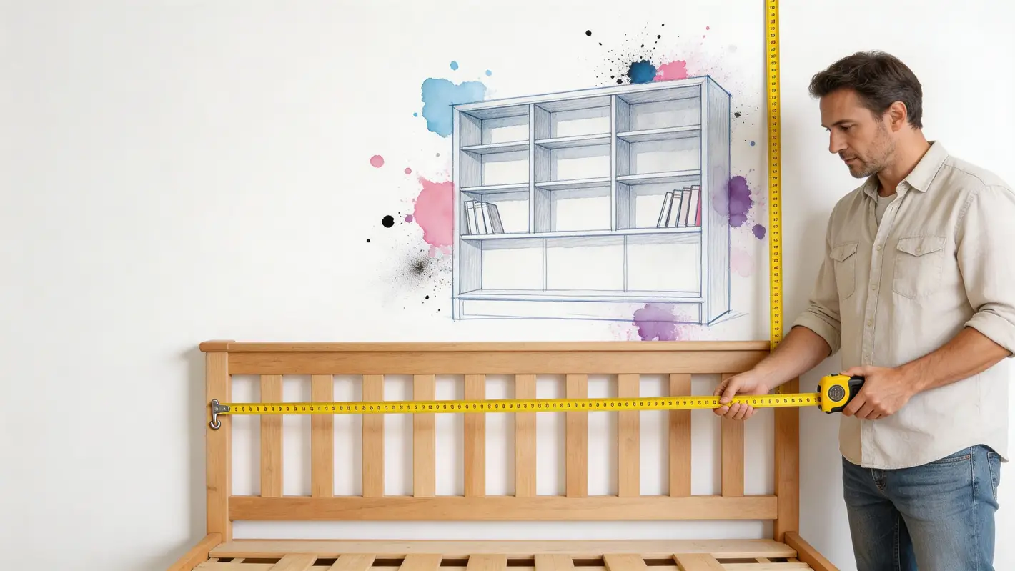 A man measures the headboard of a wooden bed in front of a wall with a bookshelf illustration.