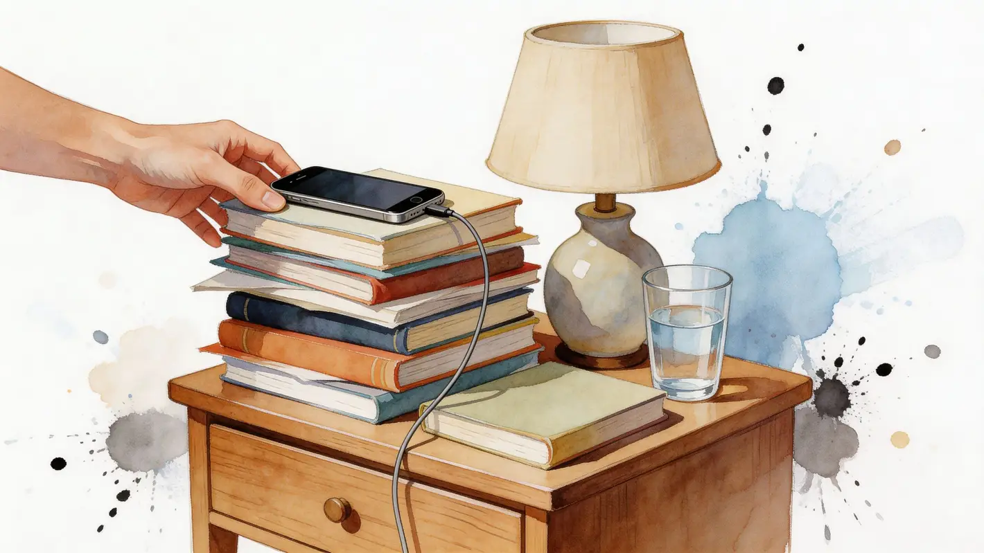 A hand places a smartphone on a stack of books next to a lamp and glass of water.