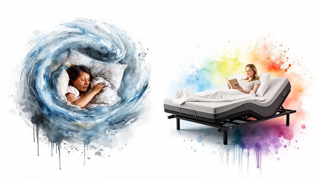 A split image showing a woman sleeping in a blue swirl and reading on an adjustable bed.