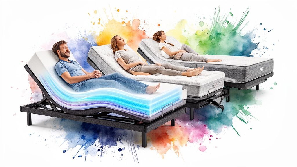 Three people relaxing on comfortable adjustable bed frames featuring mattress layers with colorful abstract paint splatters.