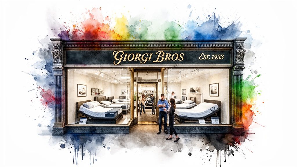 A watercolor illustration of the Giorgi Bros furniture store storefront with customers browsing adjustable bed bases.