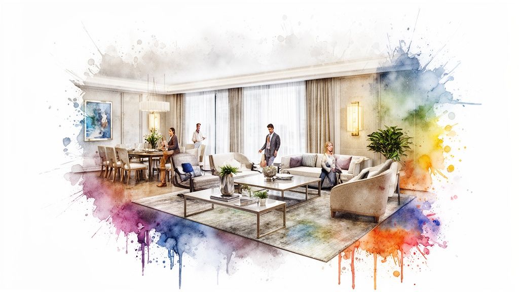 A luxurious, modern living room featuring elegant furniture, a large area rug, and soft watercolor accents.