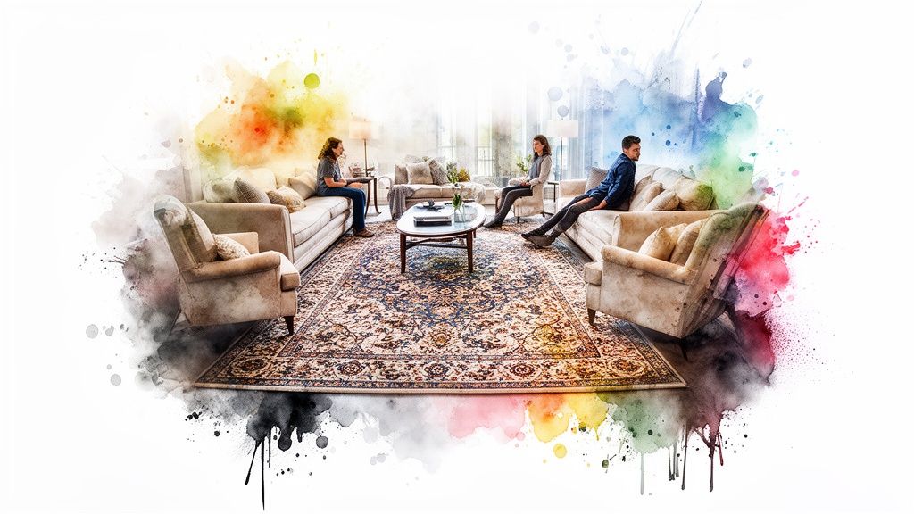 A sophisticated living room featuring a detailed traditional area rug as the centerpiece for seating furniture.