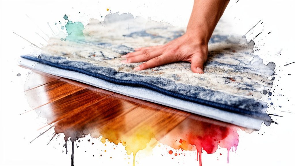 A person's hand pressing down on a plush area rug placed on top of a hardwood floor.