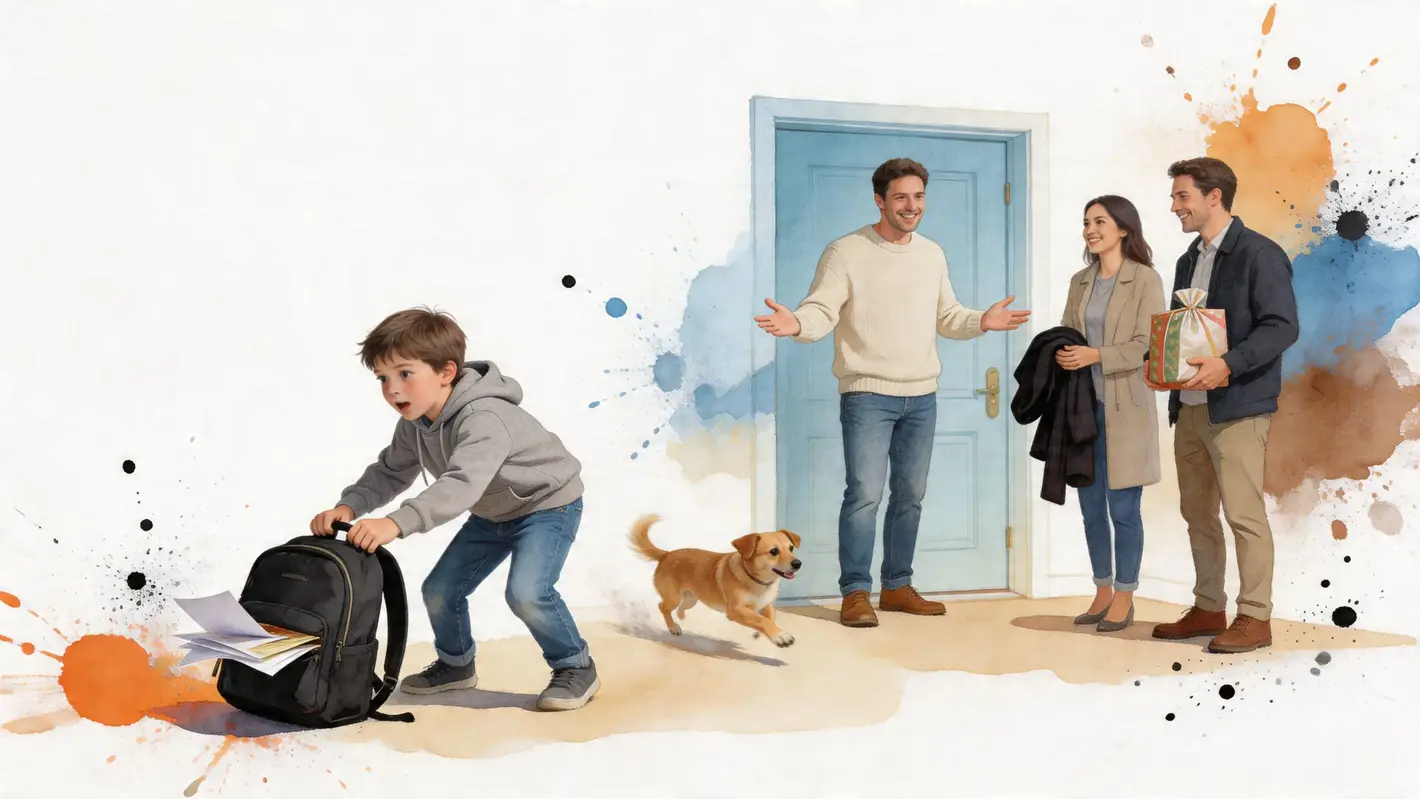 A boy surprised by guests at the door with his backpack, while a small dog runs nearby.