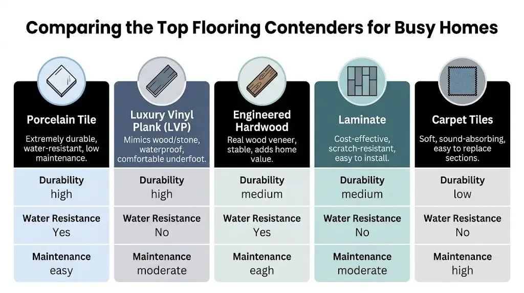 A comparison chart outlining the pros, cons, and performance features of five different flooring types for homes.