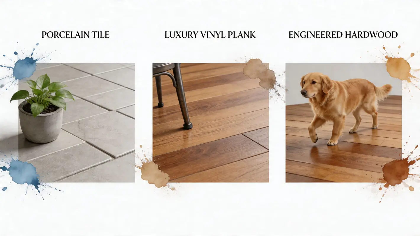 A comparison image showcasing porcelain tile, luxury vinyl plank, and engineered hardwood flooring for high traffic areas.