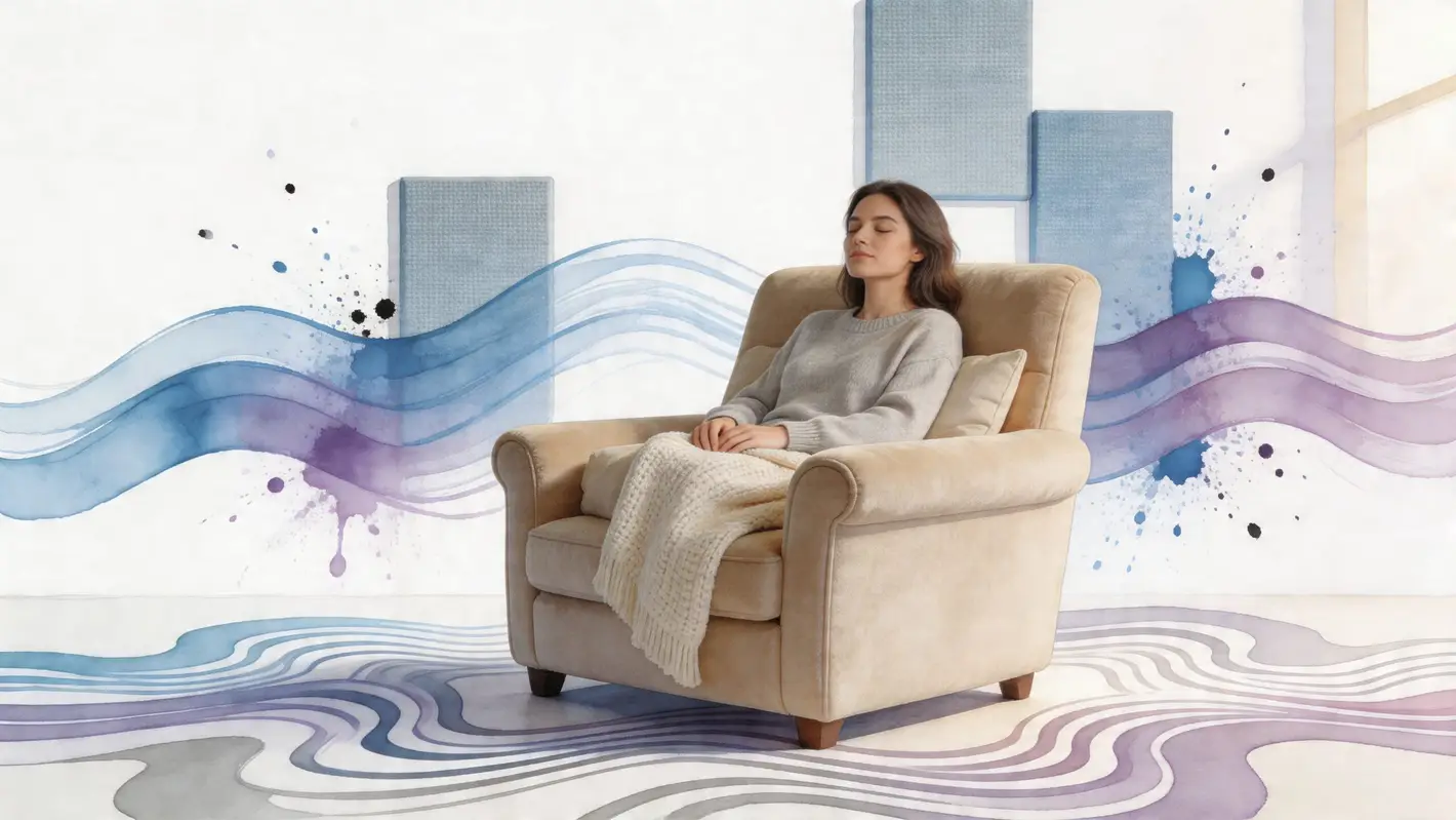 A peaceful woman resting in a beige armchair, surrounded by artistic blue and purple abstract watercolor waves.
