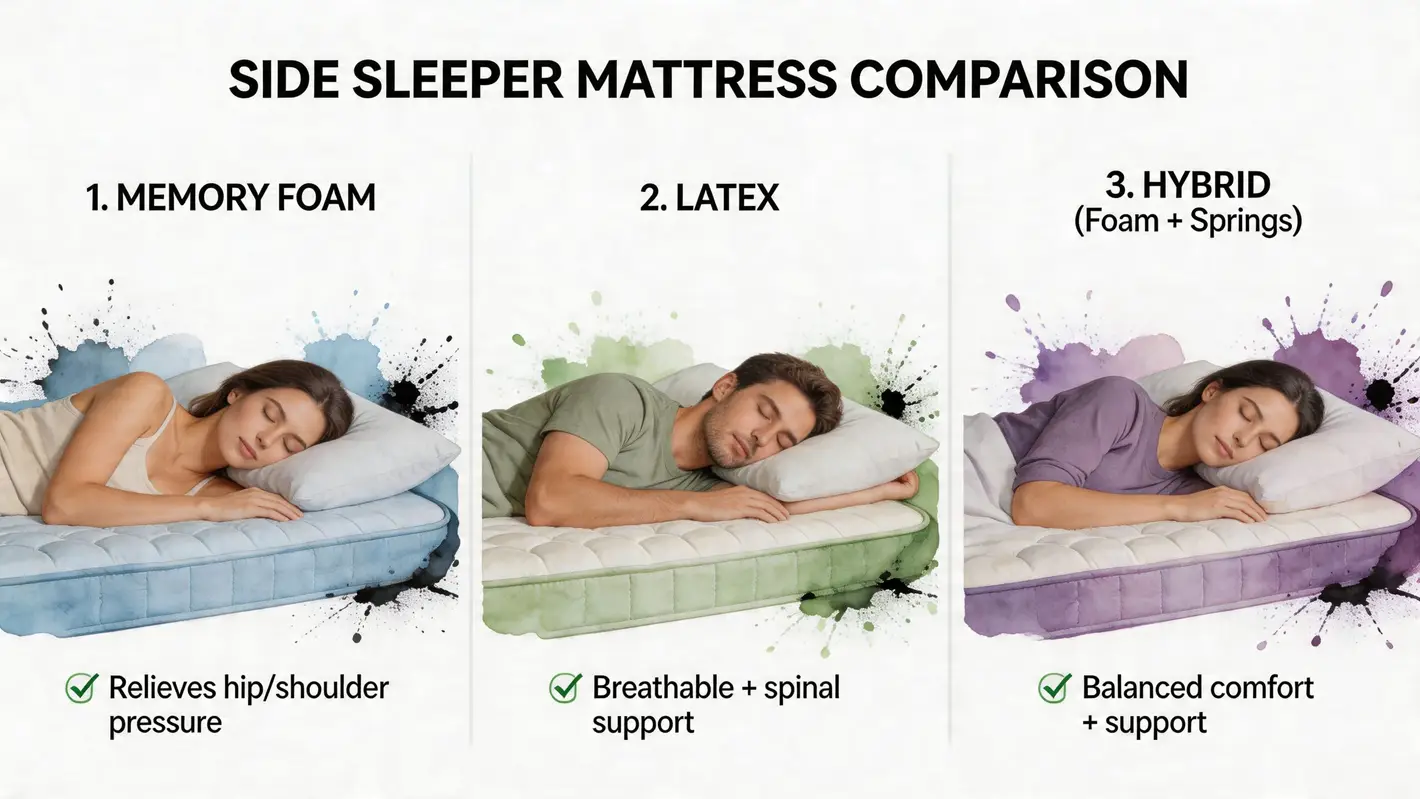 A comparison guide showing three side sleeper mattress types: memory foam, latex, and hybrid foam springs.