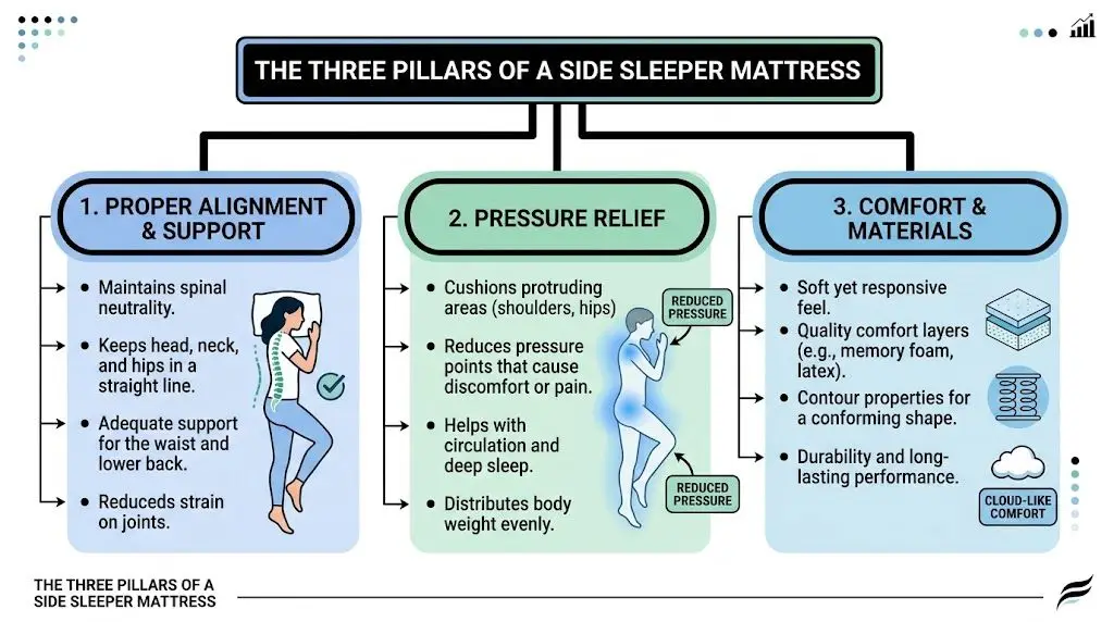An infographic titled The Three Pillars of a Side Sleeper Mattress explaining alignment, pressure relief, and comfort.