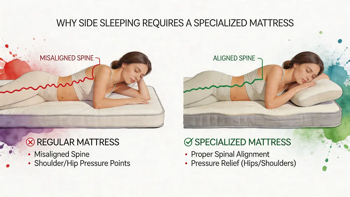 Comparison of spinal alignment for side sleepers on a regular mattress versus a specialized mattress.