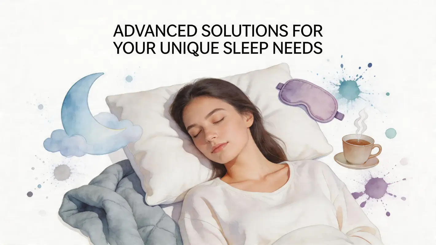 A young woman sleeping peacefully on a comfortable white pillow surrounded by dreamy watercolor sleep-themed illustrations.