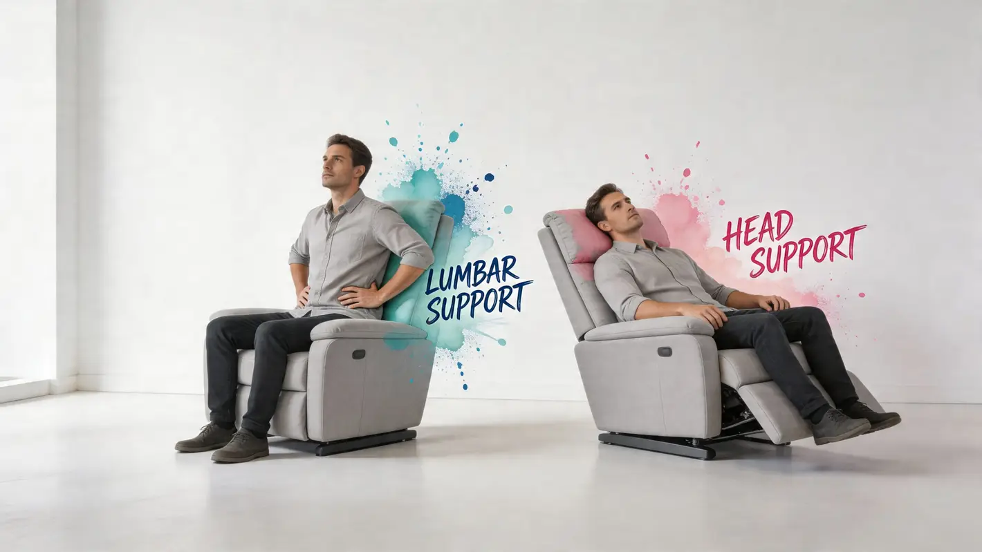 Two views of a man demonstrating ergonomic lumbar and head support features on a modern grey recliner.