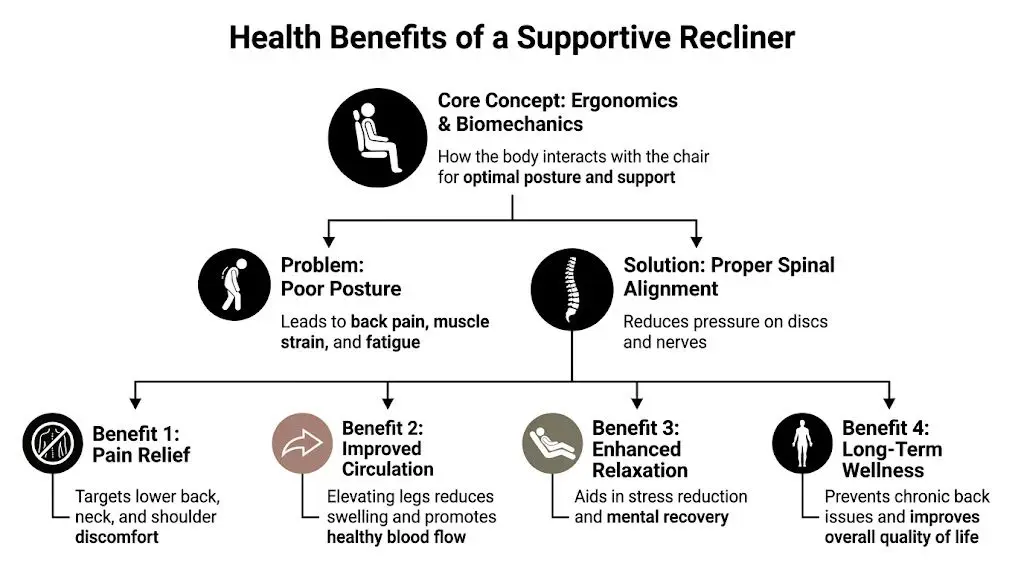 A diagram outlining the health benefits of using a supportive recliner to improve posture and spinal health.