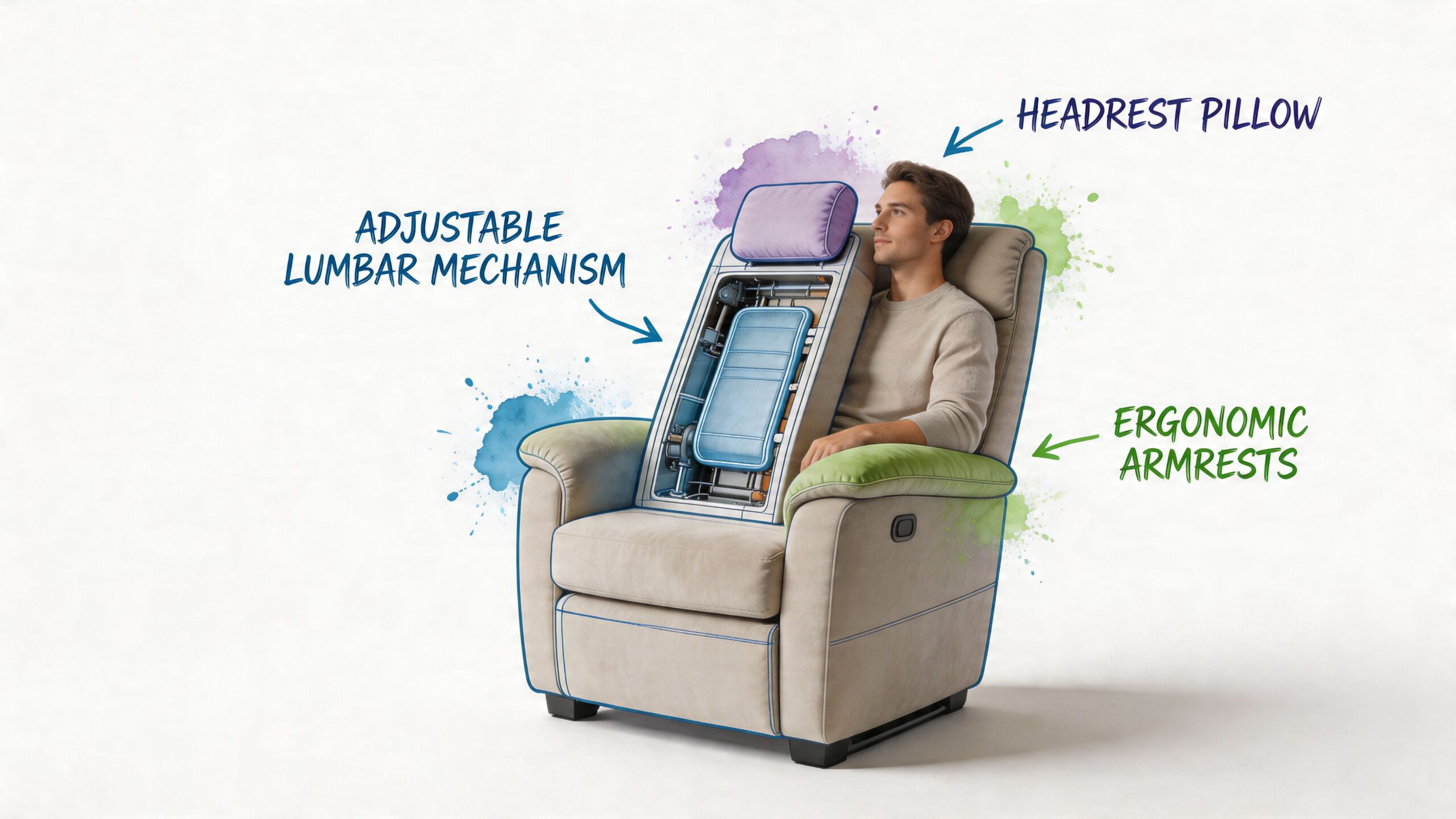 A man sitting in a comfortable beige recliner featuring an exposed adjustable lumbar mechanism and headrest pillow.