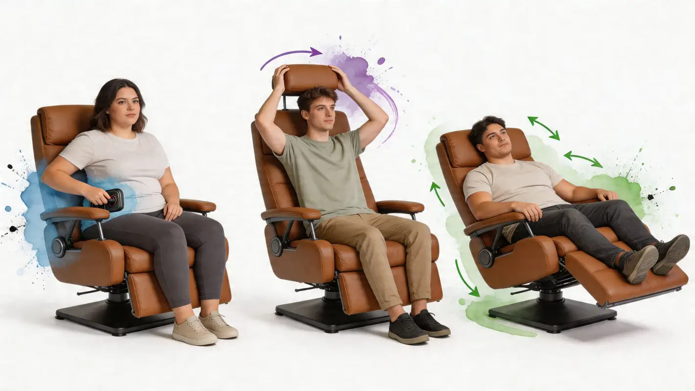 Three people demonstrate the various adjustable positions and back support features of a modern brown leather recliner.