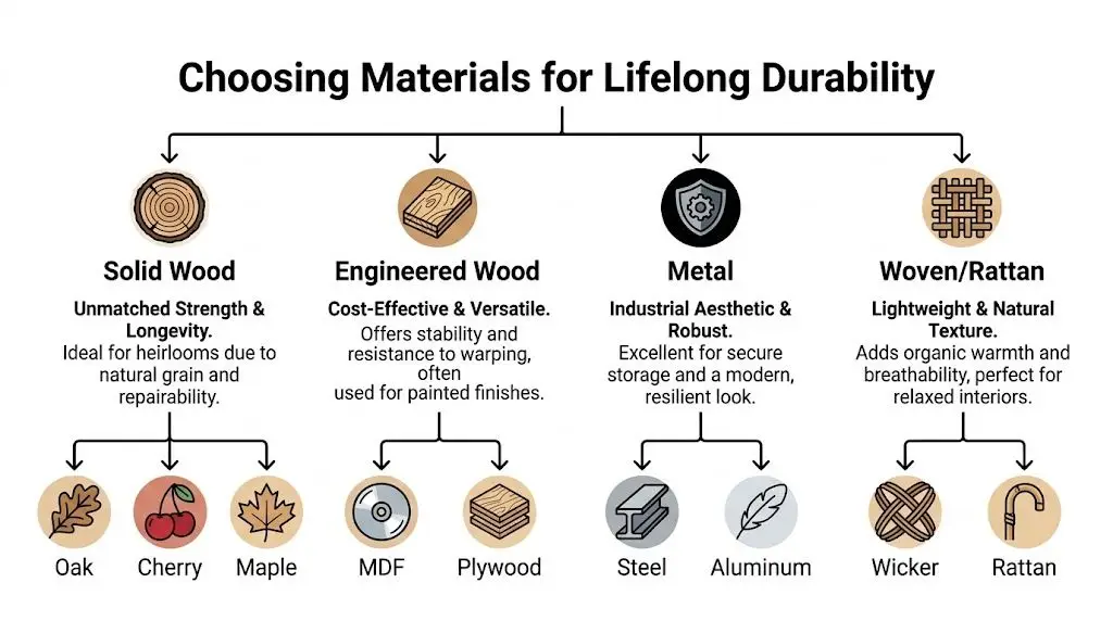 A diagram illustrating different furniture materials like solid wood, engineered wood, metal, and woven rattan for durability.