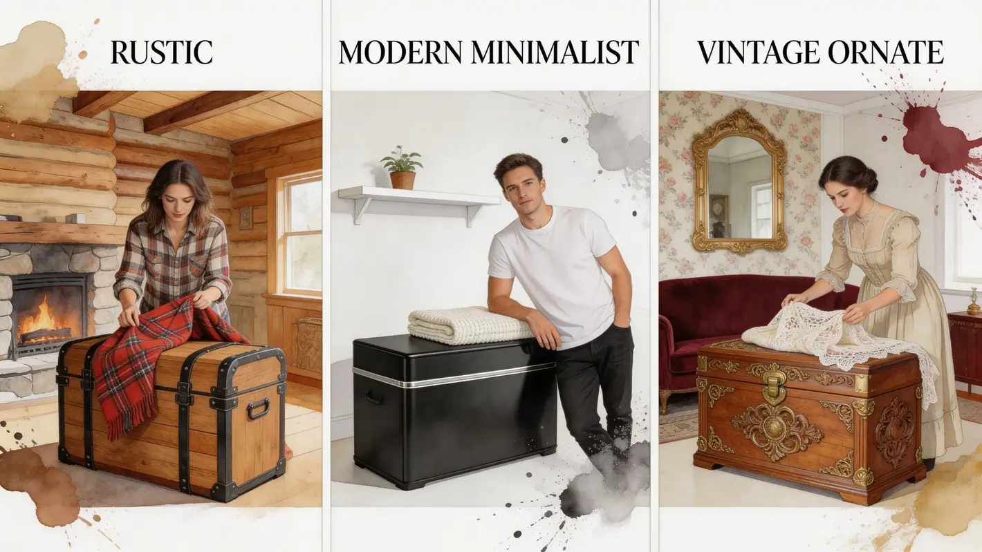 A collage showing three different interior design styles featuring people organizing blankets in storage trunks.