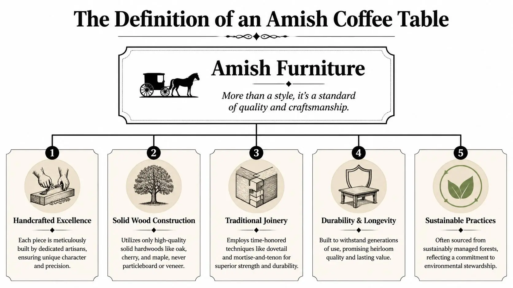 An infographic titled The Definition of an Amish Coffee Table detailing five core principles of quality furniture.