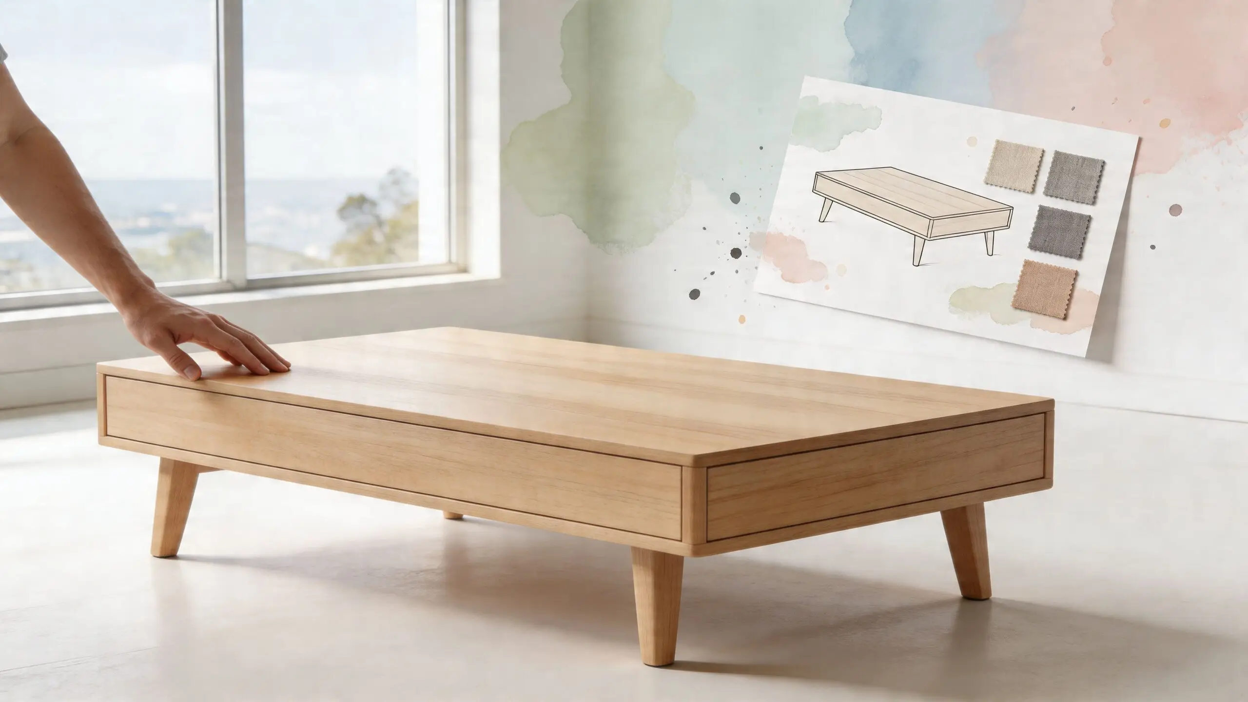 A minimalist wooden coffee table with a person's hand resting on the surface next to a design sketch.