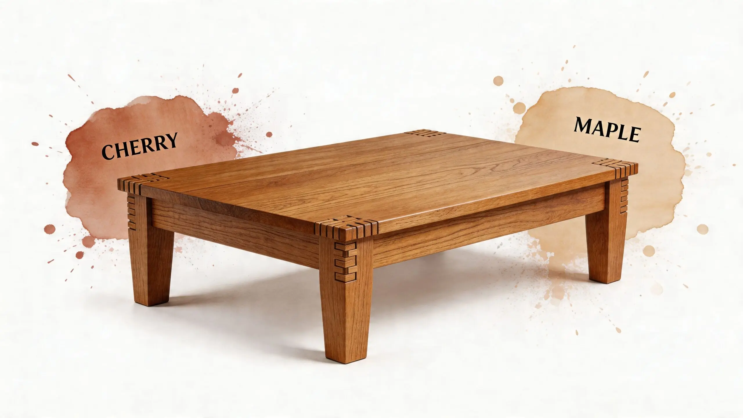 An elegant, handcrafted wooden coffee table with intricate joinery, displayed against a light, artistic watercolor backdrop.