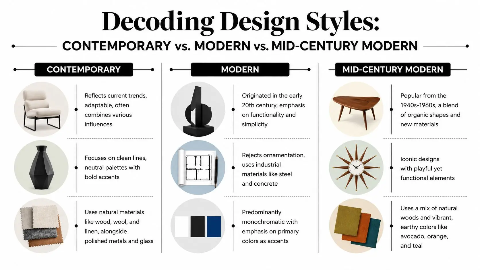 A design infographic comparing the characteristics of contemporary, modern, and mid-century modern interior design styles.
