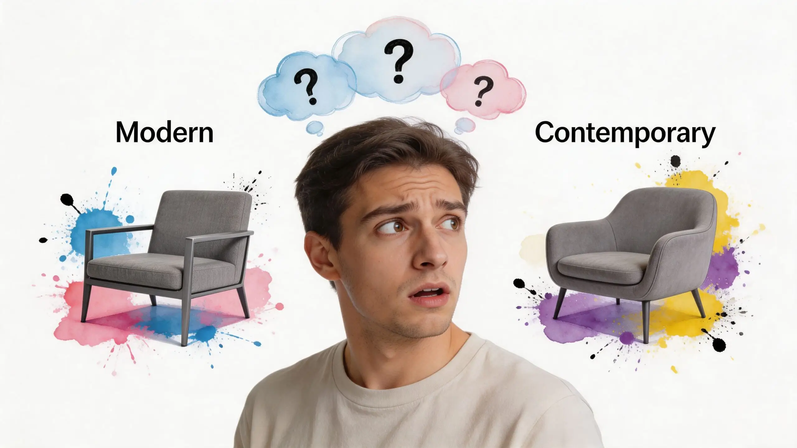 A confused man looking between a modern chair and a contemporary chair with question mark bubbles.