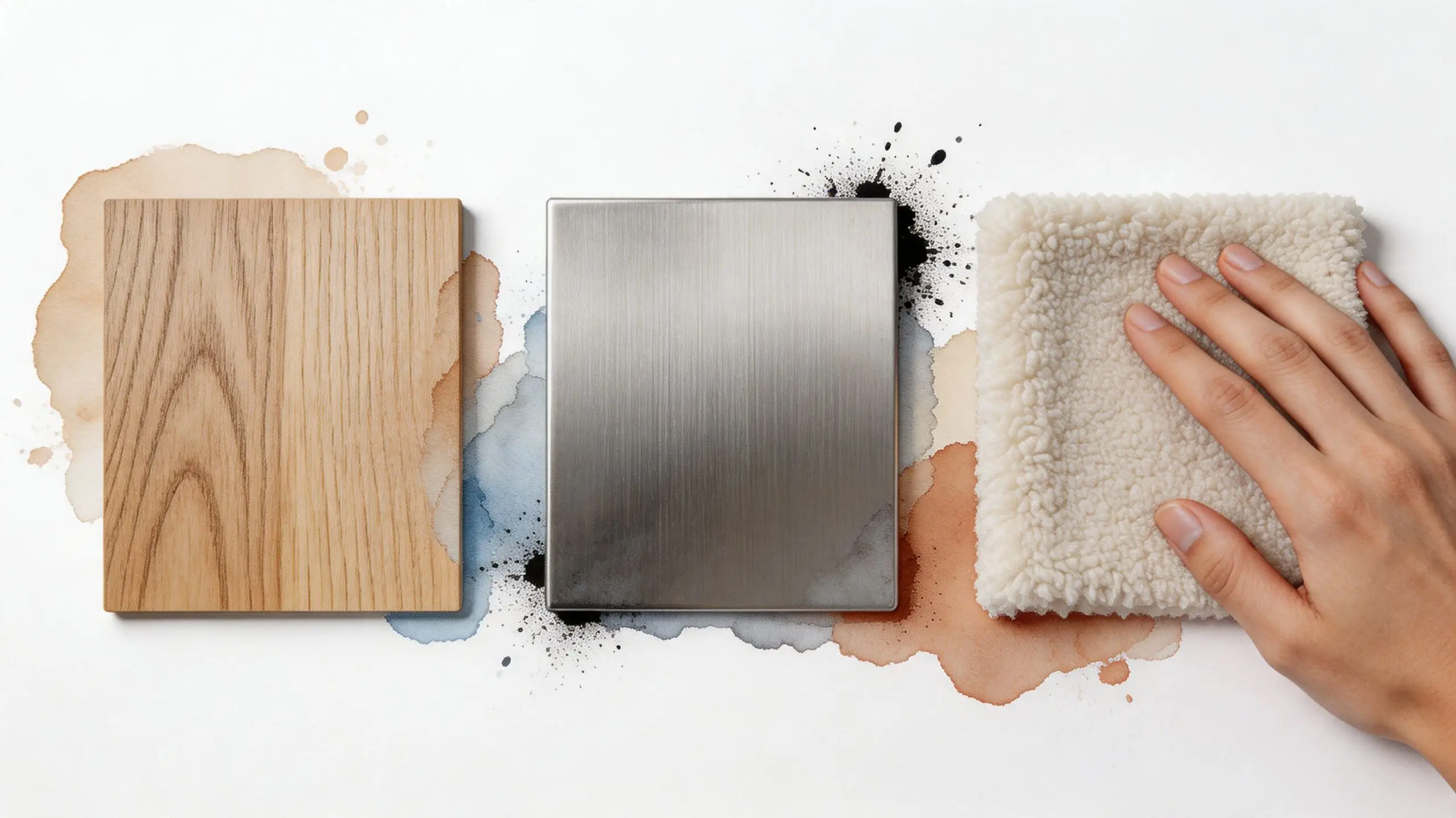 Three different material samples including wood, brushed metal, and white textured fleece on a white background.