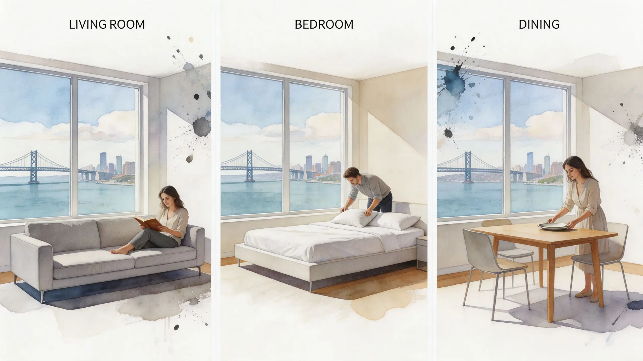 A triptych showing three modern rooms with matching views of a city skyline and water.