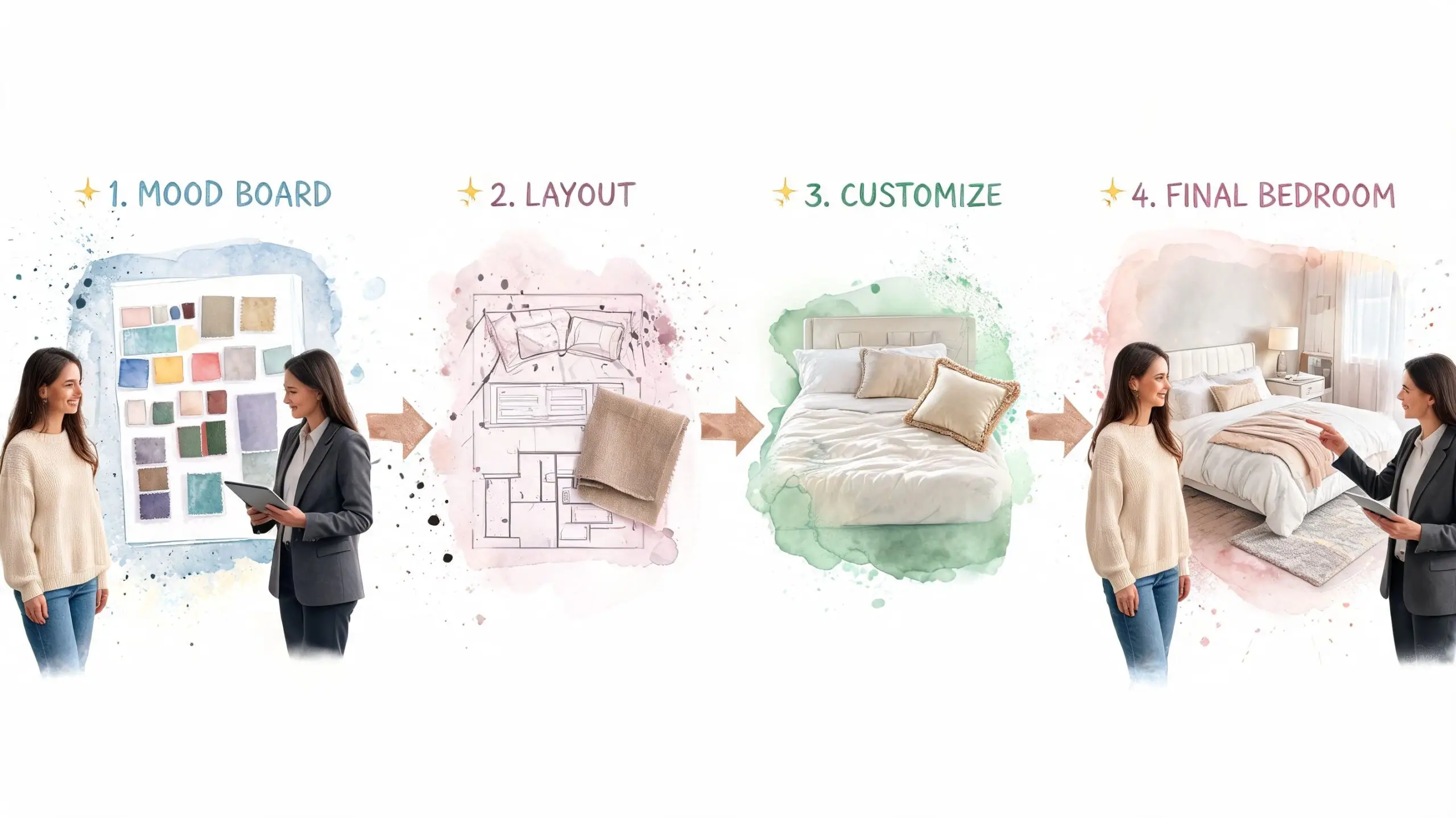 A step-by-step process showing a design consultation for creating a custom bedroom interior design project.