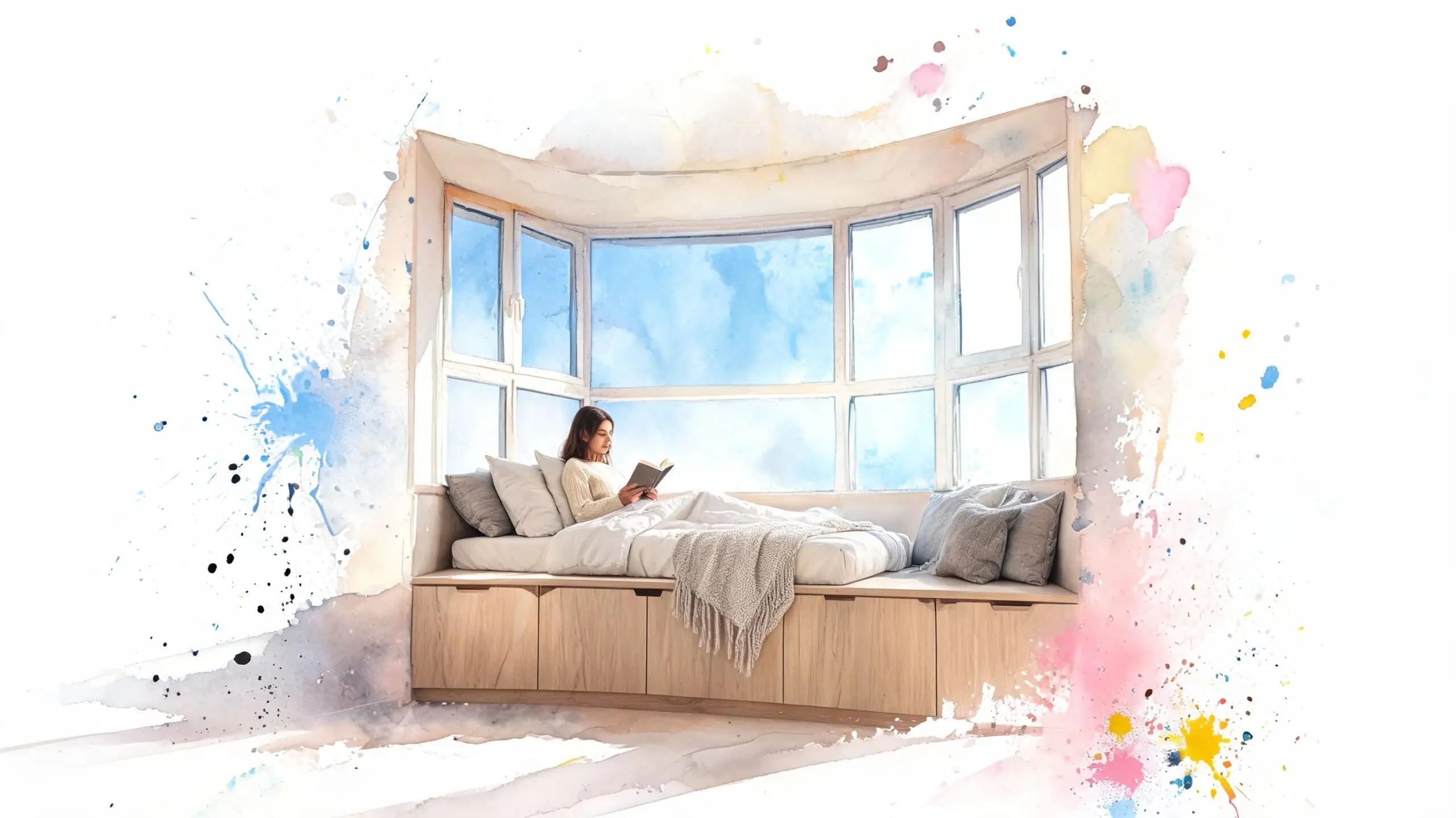 A young woman reading a book while resting on a cozy custom window seat bed in a bedroom.
